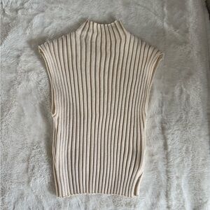 Cream Ribbed Sleeveless Turtleneck Top